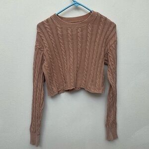 Aerie Cropped Raw Hem Cable Knit Sweater Tan Size Small Lounge Comfy Winter
